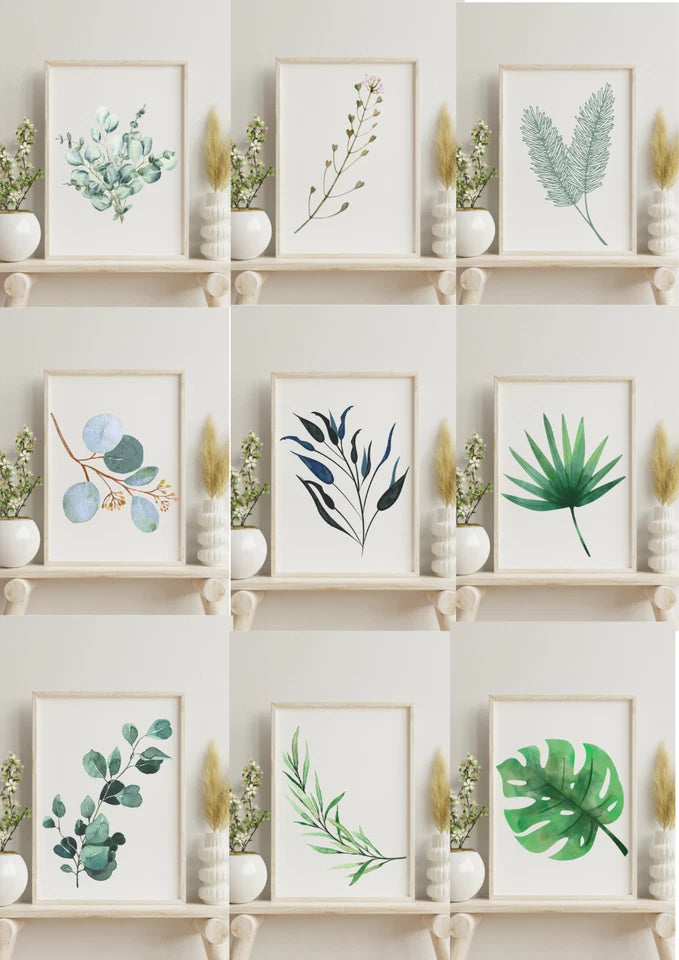 Botanical Wall Art Prints Set — Green Leaf Minimalist Neutral Home Decor